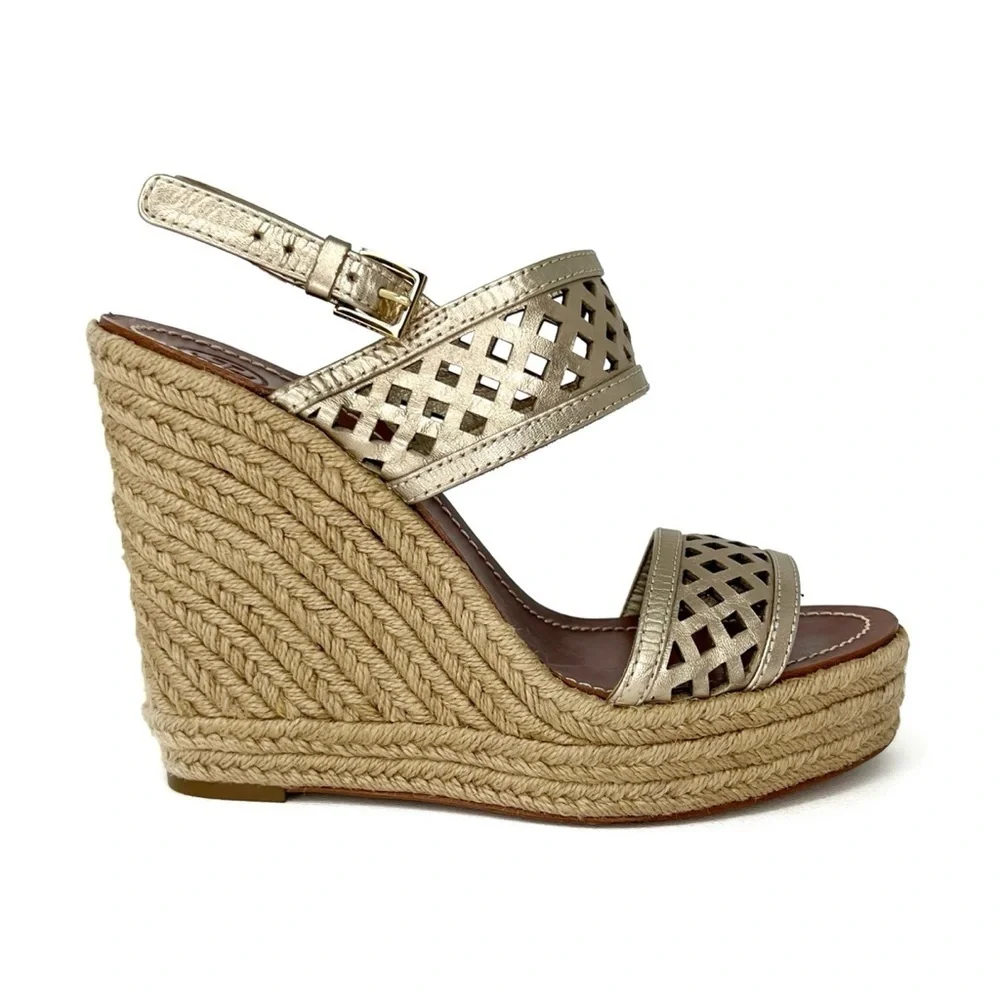 Tory Burch Wedge Espadrille Sandals Size 8 Platinum Metallic Leather Heels Shoes